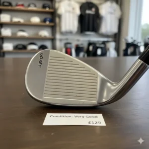 A second-hand lob wedge displayed on a counter with a Condition: Very Good label and price in Pounds, typical of UK resale sites like Golfbidder.