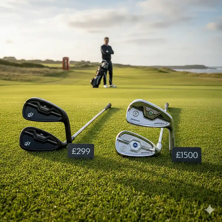 A high-quality set of affordable golf irons positioned on a British fairway, demonstrating the value driver UK golfers look for in performance-to-price ratio.