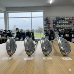 A selection of premium lob wedges from Callaway and Titleist displayed with price tags in Pound Sterling at a UK golf professional shop.