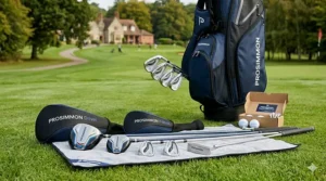 Entry-level men's golf club starter set including woods and irons for under £150, laid out on a towel at a UK club.