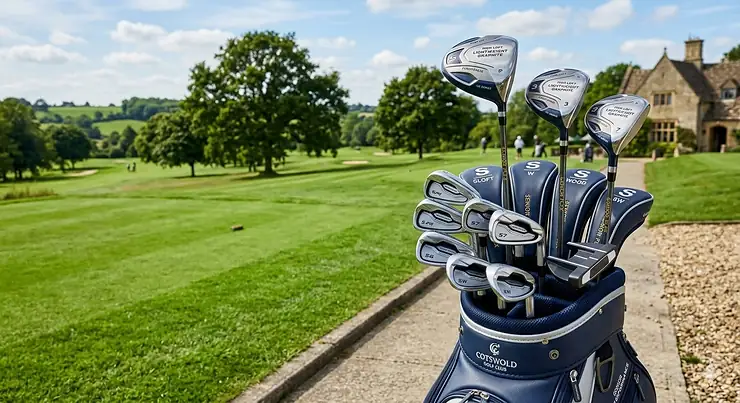 A premium set of senior golf clubs in a navy bag on a scenic British parkland course with a traditional stone clubhouse. golf clubs for seniors