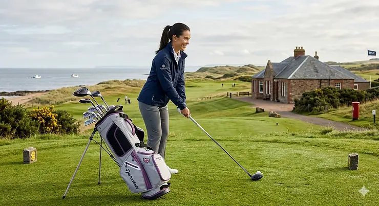 A complete set of women's petite golf clubs in a stylish stand bag on a lush green British golf course, alongside a golfer preparing to swing. golf clubs for short women