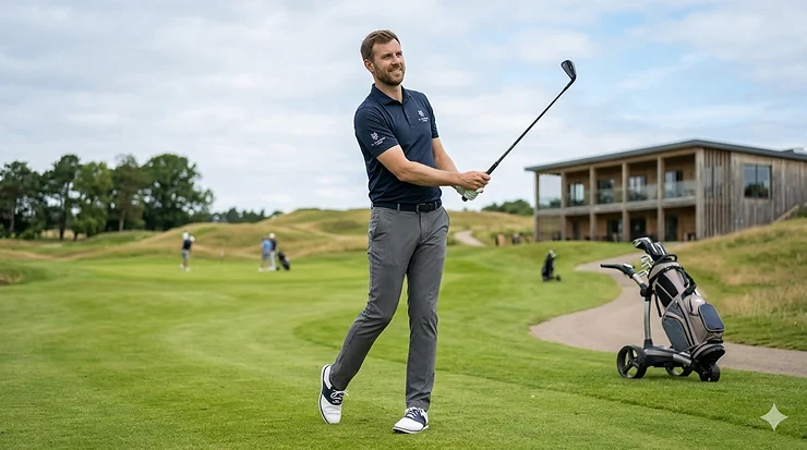 A tall male golfer at a UK driving range using custom-fit golf clubs designed for height. golf clubs for tall men