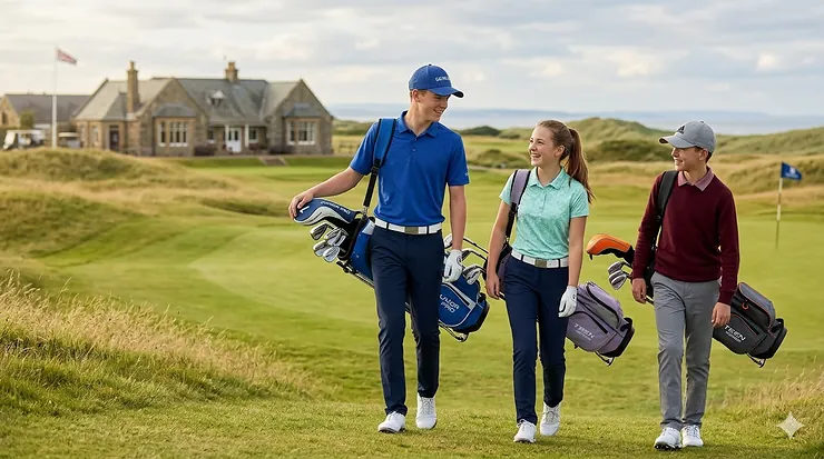 A group of British teenagers carrying full golf club sets walking onto a green at a UK links course. golf clubs for teenagers