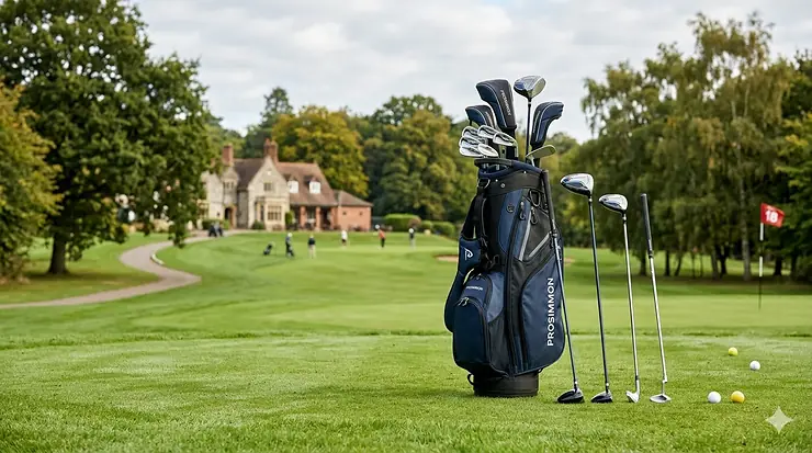A full set of affordable golf clubs in a stand bag on a British golf course, representing the best golf clubs under £150 for UK players. golf clubs under £150