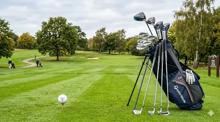 A premium full set of high handicap golf clubs in a navy TaylorMade stand bag, featuring a Union Jack patch, positioned on a lush green British parkland course under natural daylight. high handicap golf sets