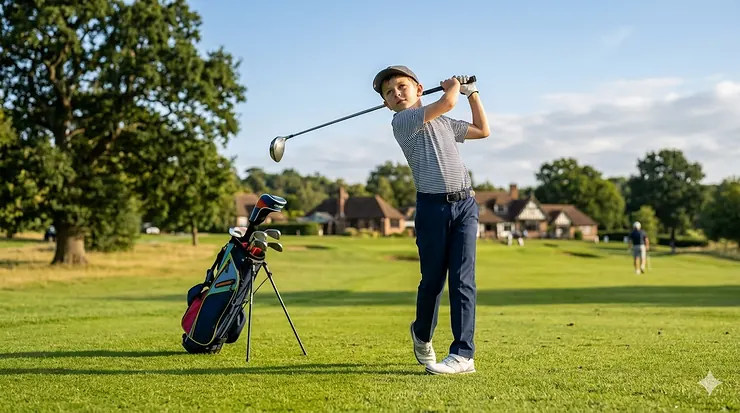 A young golfer on a British golf course fairway holding a driver from a junior golf clubs starter set. junior golf clubs