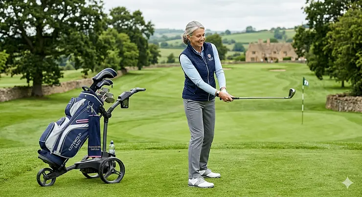 A premium set of ladies senior golf clubs in a navy Cotswold Lady cart bag on a lush British golf course with a manor house in the background. ladies senior golf clubs