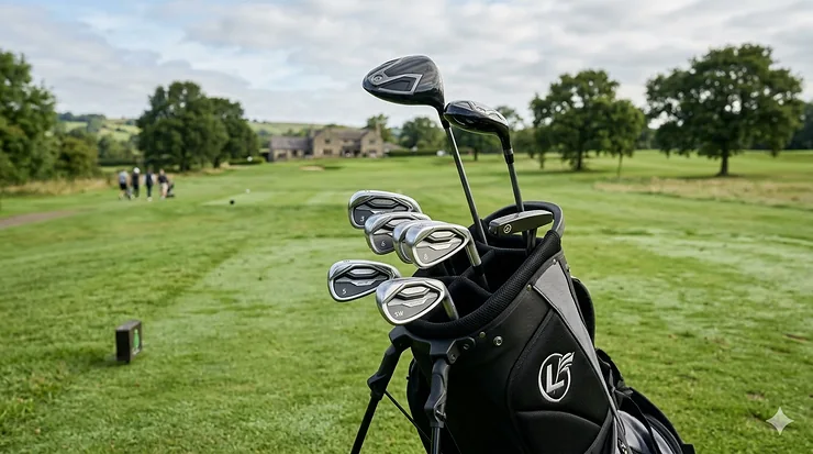 A complete set of left-handed beginner golf clubs in a premium carry bag on a green UK parkland golf course with a stone clubhouse in the background. left handed beginner golf clubs