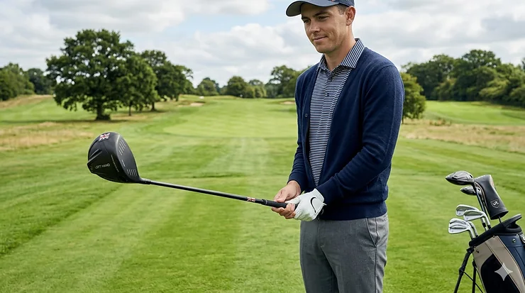 A premium set of left-handed golf clubs including a driver and irons on a green British golf course. left handed golf clubs
