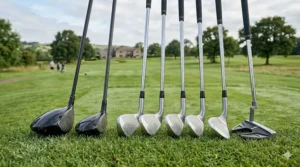 A photorealistic close-up of an affordable 10-piece left-handed golf starter set, including woods, irons, and a putter, arranged on a fairway of a British parkland course.