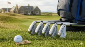A row of stainless steel cavity-back irons providing forgiveness for developing junior golfers.