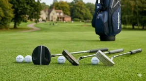 A selection of mallet and blade-style putters on a manicured green, part of a selection of golf clubs under £150.