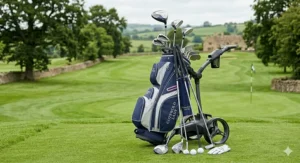 A complete ladies senior golf package set including a driver, fairway woods, hybrids, and irons displayed with a cart bag and electric trolley.