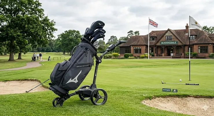 A complete senior golf set including a lightweight cart bag, graphite-shafted woods, cavity-back irons, and a mallet putter is arranged on a dynamic electric trolley on the fairway of Sunningdale Golf Club, under bright, natural British daylight with the historic clubhouse and Union Jack flag in the soft-focused background. senior golf sets