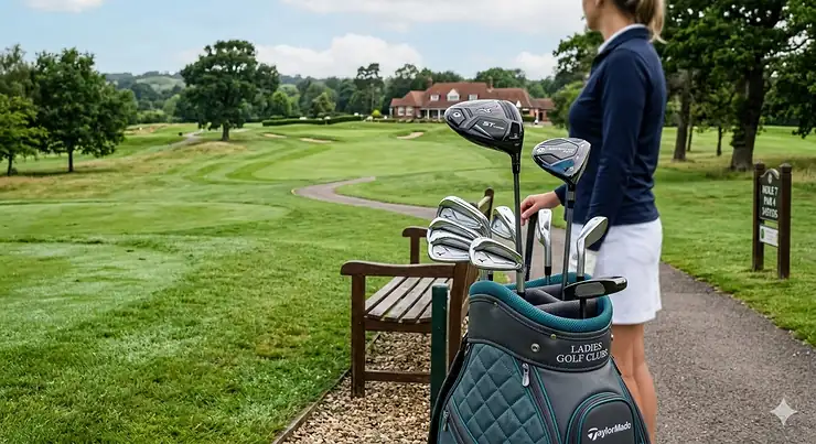 A full set of ladies golf clubs in a premium quilted TaylorMade bag on a lush British parkland fairway with a clubhouse background. ladies golf clubs