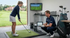 A woman undergoing a professional custom fitting for ladies golf clubs using a launch monitor in a UK-based indoor golf studio.