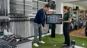 A golfer undergoing a custom fitting session for left-handed clubs at a UK golf pro shop.
