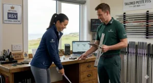 A photorealistic photo inside a UK golf professional shop, showing a female golfer being measured by a custom fitter using a launch monitor to ensure optimal club length for her stature.