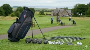 A photorealistic close-up of a complete beginner golf club package set, including woods, irons, and putter, laid out on a green fairway with a traditional British stone clubhouse in the distance.