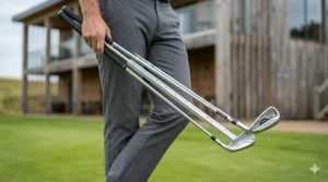 Close-up comparison of a standard golf club shaft versus an extended shaft for a taller player with a measuring tape.