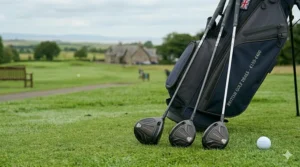 A photorealistic product close-up of three modern fairway woods leaning against a golf bag on a traditional Scottish course, priced for the £150 to £400 range.