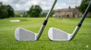 Detailed comparison shot of two golf irons on a green fairway: on the left, a traditional forged blade iron; on the right, a modern game-improvement cavity-back iron with a wider sole for better forgiveness, designed for senior golfers.