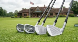 A low-angle detailed photograph showcases multiple oversized Mizuno senior cavity-back irons resting neatly on a lush green fairway at Sunningdale. The intricate metallic construction, wide soles, perimeter weighting, and the matching dark grey 'SENIOR FLEX' graphite shafts are all sharply detailed under natural British daylight, with the clubhouse in the background.
