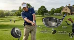 A close-up of a high-launch golf driver for seniors featuring extreme centre of gravity placement for maximum forgiveness.