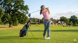 A young girl practising her swing at a UK driving range with a girls' junior golf club set.