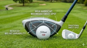 A technical diagram overlay on a driver and iron, showing the enlarged sweet spot and reduced mis-hit variability for high handicap players.