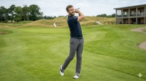 Technical demonstration of an upright lie angle adjustment on an iron to accommodate the steeper swing of a taller player.