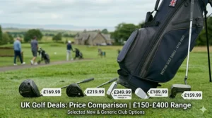 A photorealistic composite display comparing a driver, wood, iron set, wedge, and putter, each with price tags in pounds sterling reflecting the £150 to £400 price bracket.