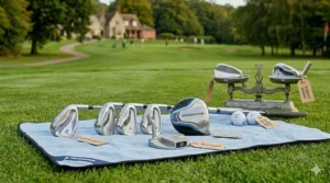 A conceptual image comparing different golf clubs under £150 using a traditional scale to help UK shoppers find the best deal.