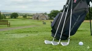 A photorealistic product close-up of modern satin chrome sand and pitching wedges featuring complex face milling, resting on lush turf under soft, overcast British daylight.