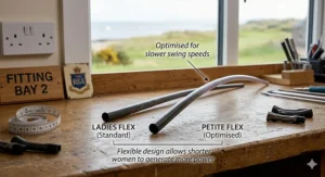 A close-up photorealistic illustration comparing two graphite golf shafts on a custom fitting bench, highlighting how 'Petite Flex' shafts are optimised for slower swing speeds to help generate more power.