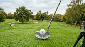 A modern mallet-style putter with high-contrast alignment aids, positioned behind a golf ball on a well-kept putting green.
