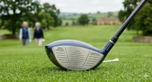 A high-loft 13.5-degree driver head on a tee featuring max launch technology specifically designed for senior ladies golf clubs.