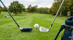 A side-by-side comparison of an easy-to-hit hybrid club and a traditional long iron on a green British fairway, highlighting the larger club head.