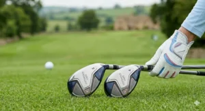 Two hybrid golf clubs resting on the grass showing a 4 and 5 hybrid designed to replace difficult-to-hit long irons for senior players.