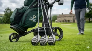 A set of three easy-to-hit hybrid golf clubs (numbered 3, 4, and 5) designed for senior players to replace long irons, standing in a specialized 'Over 60s Masters' golf bag on a British course fairway.