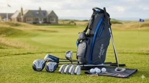 A complete beginner golf club set for teenagers including a driver, irons, and a lightweight stand bag.