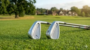 Close-up of a junior 7-iron and sand wedge showing the wide sole and perimeter weighting.