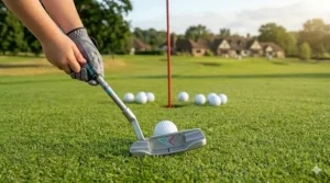 A child aiming a junior golf putter towards the hole on a manicured putting green.