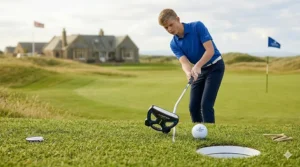 A teenage golfer lining up a putt with a mallet-style putter on a manicured British golf green.