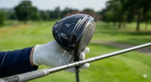 Close-up of a ladies golf driver featuring a lightweight graphite shaft and sleek clubhead, held by a golfer in a white glove.