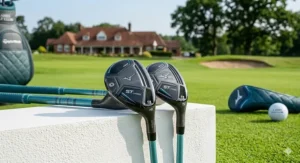 Two ladies golf hybrid clubs with blue and teal accents, designed for versatility on the fairway or in the rough.