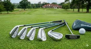 A set of ladies golf irons with a forgiving cavity-back design and teal-accented shafts, laid out on a manicured British green.