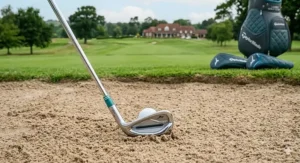 A ladies golf sand wedge positioned in a greenside bunker, showing the club's loft and specialised sole for bunker play.
