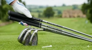 Close-up of lightweight graphite shafts on ladies senior irons showing specialised comfort grips and ultralight flex for increased swing speed.